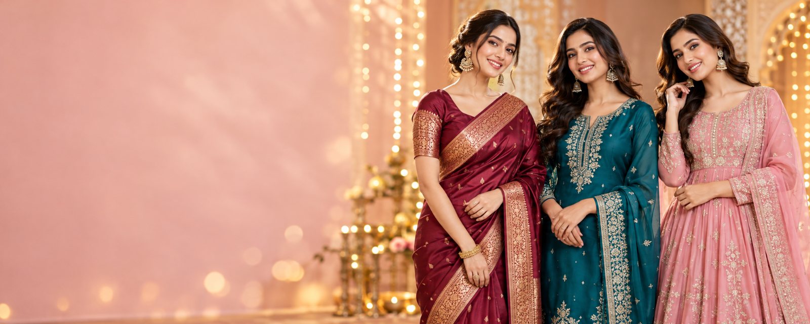 Three women in festive ethnic wear