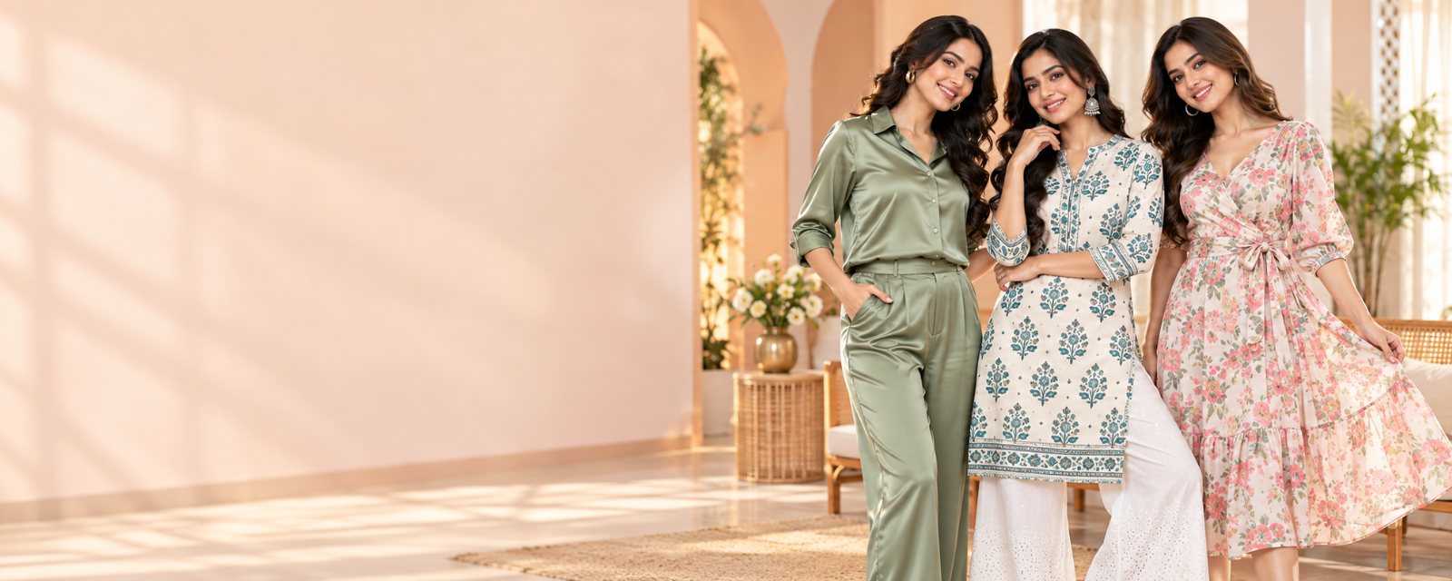 Three women in co-ord set, kurti and dress