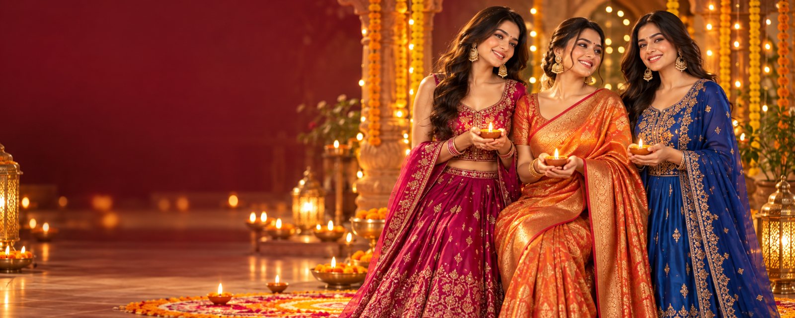 Three women in festive outfits holding diyas for the Diwali sale