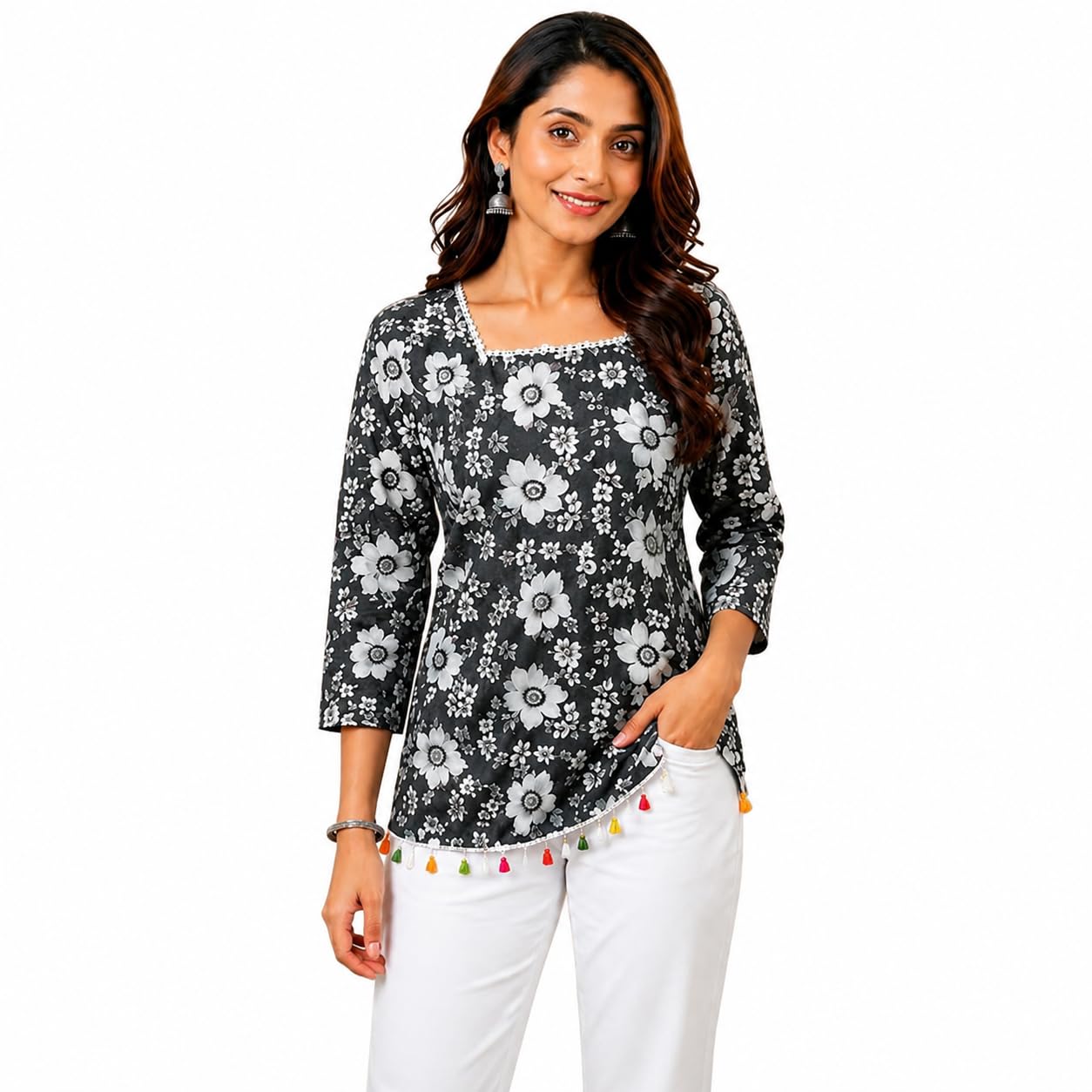 Square Neck Floral Short Kurti