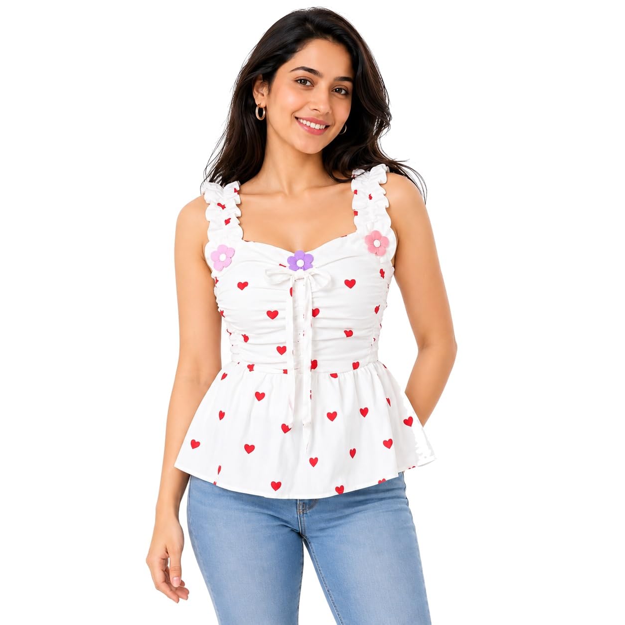 Red Heart Print Peplum Top