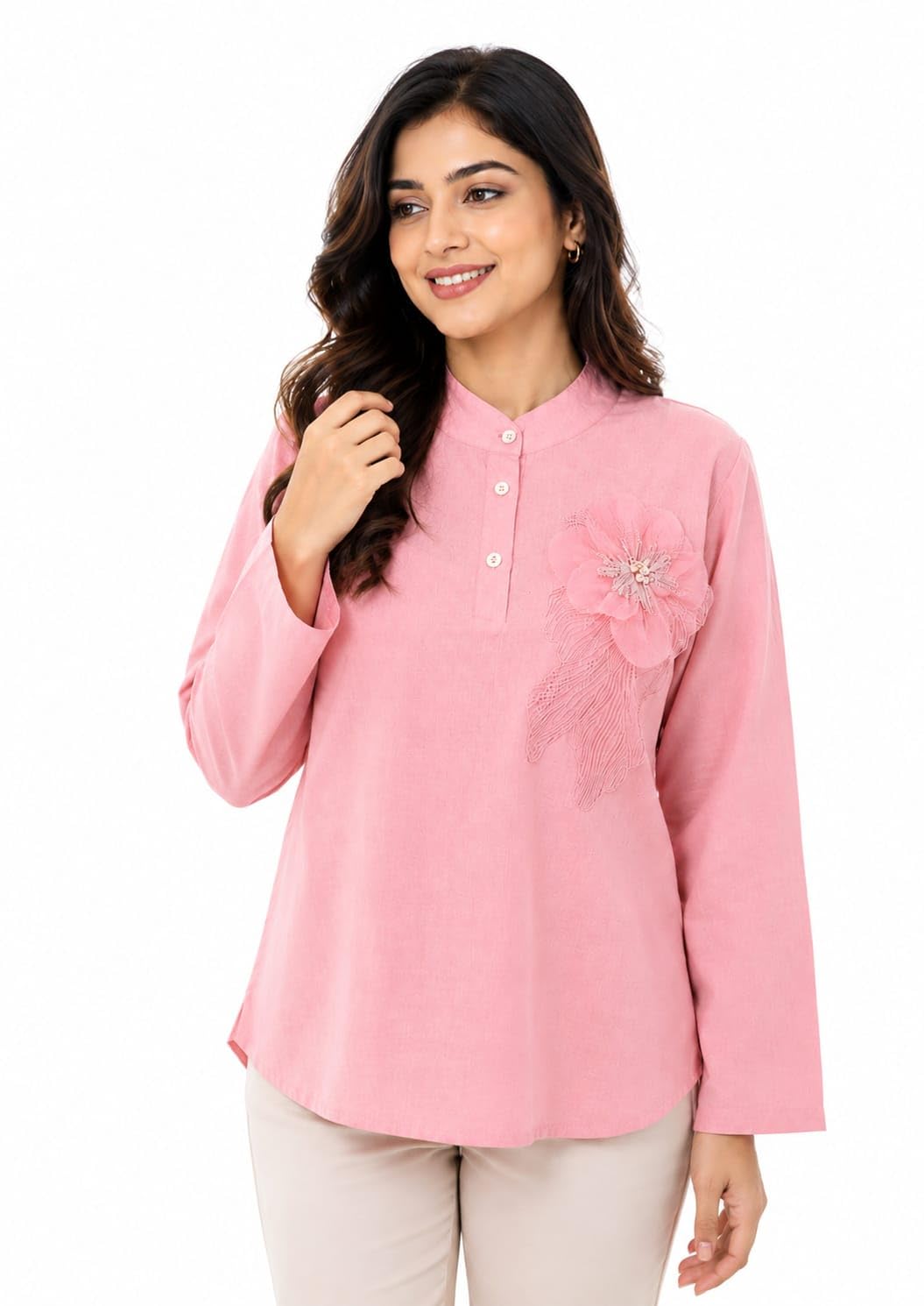 Pink Embroidered Mandarin Collar Top