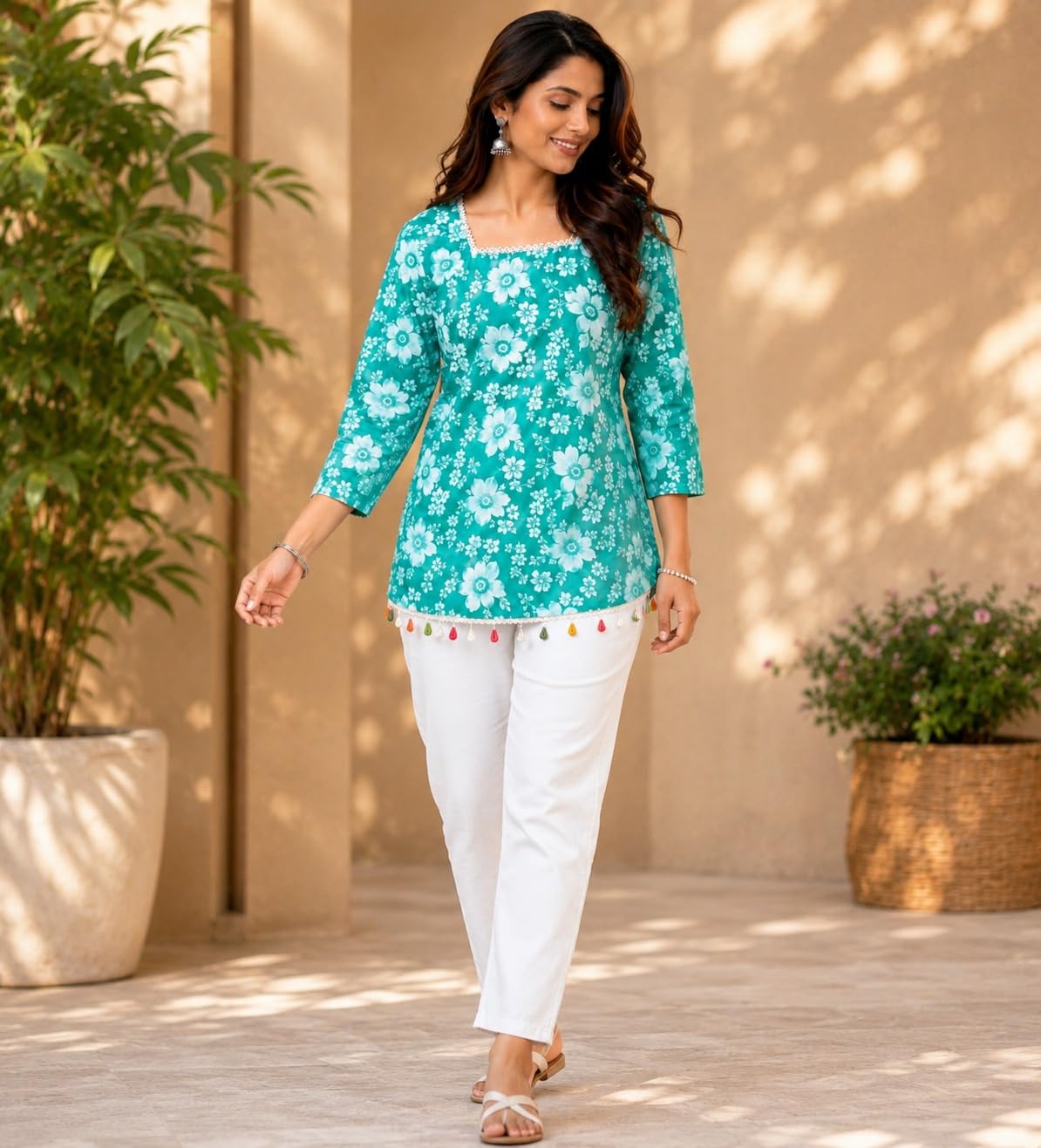 Turquoise Floral Short Kurti