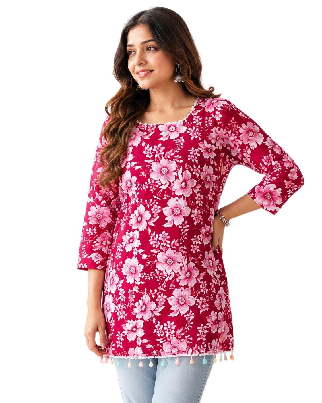 Floral Short Kurti with Tassel Hem