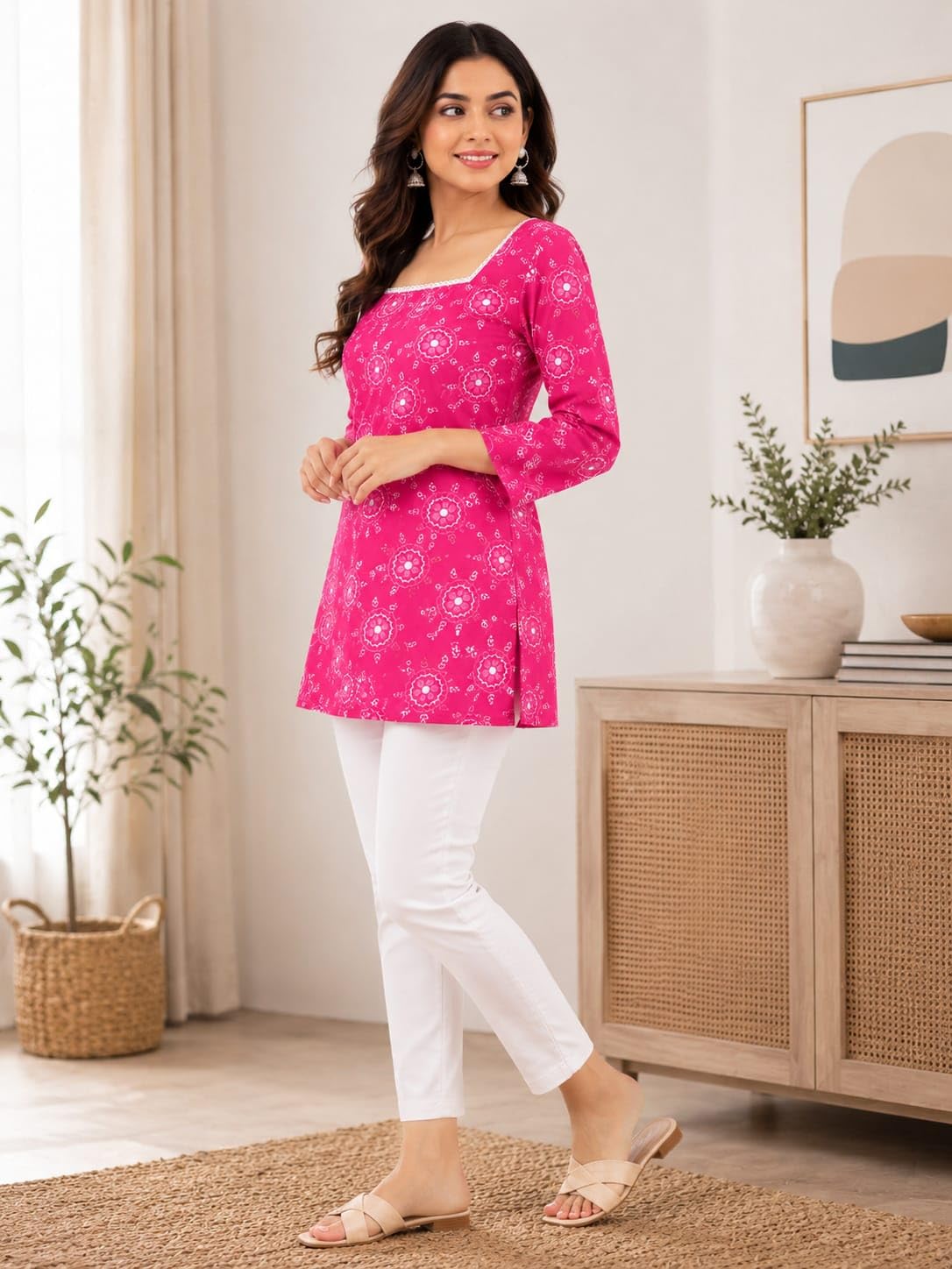 Pink Floral Print Short Kurti